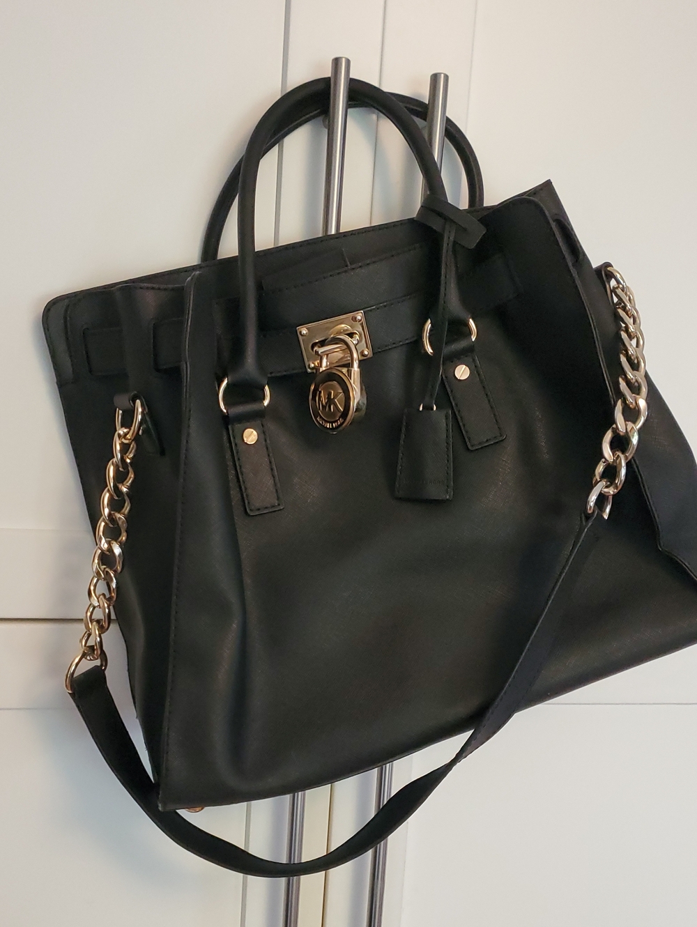 Black Leather Satchel with Gold Chain Strap EUC